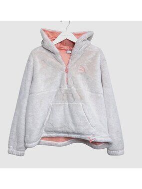 Puma Pullover Jacket Size L 1/4 Zip Fuzzy Hooded Off White Peach 535528